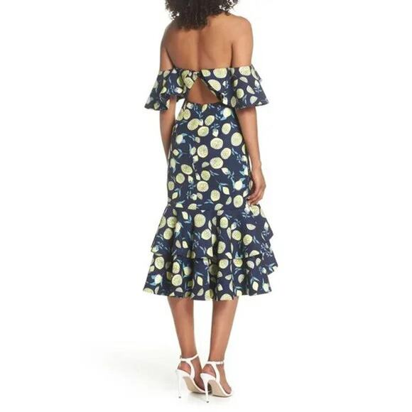 NEW! Fame and Partners Sasha Off the Shoulder Dress in Lemon Print size US 0 - Picture 2 of 10